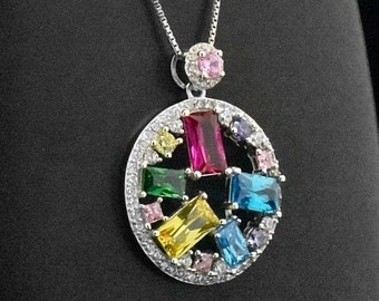 925 Sterling Silver Gift Multi-Gemstone Multicolor Rainbow Sim Red ruby Blue Topaz Yellow Citrine Green Emerald Pendant Circle Necklace