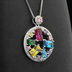 925 Sterling Silver Gift Multi-Gemstone Multicolor Rainbow Sim Red ruby Blue Topaz Yellow Citrine Green Emerald Pendant Circle Necklace