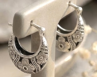 Vintage Style Floral Hoop Earrings - Antique Finish Basket Style, 21mm, 925 Sterling Silver