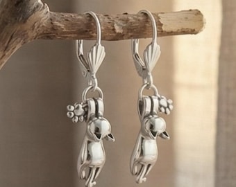 Sterling Silver Cat Dangle Earrings • 3D Hanging Kitty Charm • Polished Leverback Drops