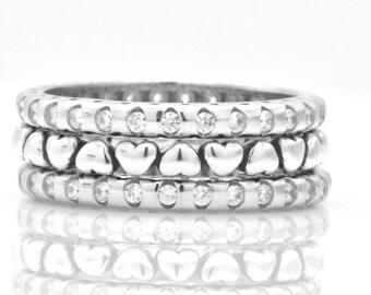 925 Sterling Silver 14k White Gold High Polish Heart Eternity Simulated Diamond Wedding/ Bridal Rings Stackable Stacking Ring Band Set