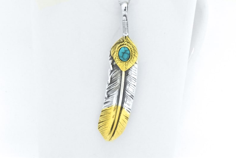 925 Sterling Silver Boho Men Women Unisex style Oxidized Silver Indian Tribal Style American Eagle Feather Blue Turquoise Pendant Necklace