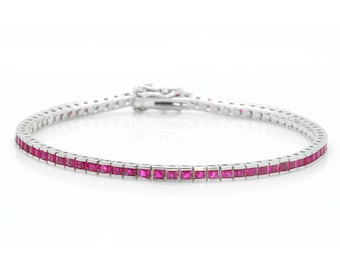 Fine 925 Sterling Silver Women jewelry Anniversary Gift Bezel Set 2mm Square Princess Cut Sim Red Ruby Dainty Petite 7&quot; inch Tennis Bracelet