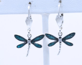 925 Sterling Silver Enamel Drop Dangle Dainty Blue/Green Flying Dragonfly Cute Insect Gorgeous Boho LeverBack Earrings