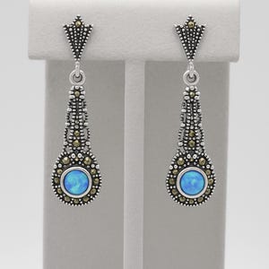 Vintage Blue Opal & Marcasite Dangle Earrings | 925 Sterling Silver Milgrain Boho Studs | Antique Wedding earrings, Vintage wedding Earrings