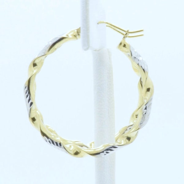 925 Sterling Silver + 14k Gold Overlay Two Tone Leverback Hook Dainty Diamond Cut Fancy Twisted Twist Hoop Earrings