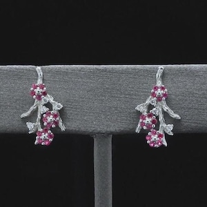 925 Sterling Silver Cherry Blossom Stud Earrings – Red Cubic Zirconia Floral Earrings, Dainty Push Back Earrings, Nature Inspired Earrings