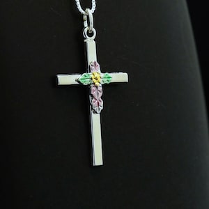 925 Sterling Silver + Tricolor 14k White Gold Overlay Minimalist Floral Religious Catholic Dainty Cross 18-in Pendant Necklace