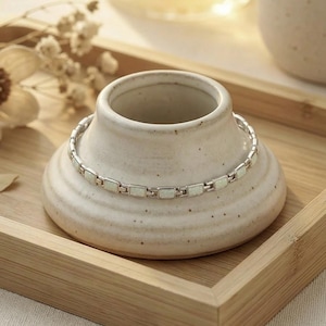 Sterling Silver White Opal Bracelet • Rectangular Inlay Tennis Link • 7.5 Inch Dainty Chain