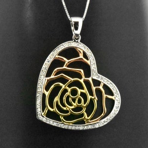 Handmade 925 Sterling Silver Yellow Pink Gold Vermeil Friendship Bridal Halo Heart Rose Design Pave Simulated Diamond Pendant Necklace