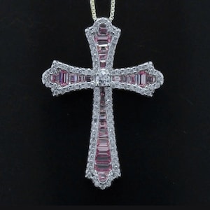 925 Sterling Silver Religious Catholic Pave Sim Baguette Cut Pink Sapphire CZ Fancy Cross 18-in/16-in Pendant Necklace