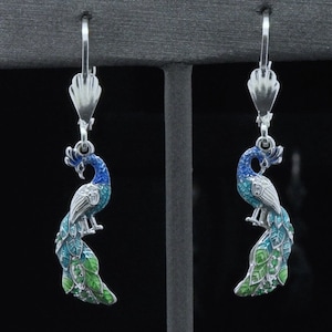 925 Sterling Silver Enamel Drop Dangle Turkey Blue/Green Peacock Bird Animal Cute Gorgeous Boho LeverBack Earrings