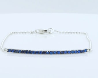 925 Sterling Silver Prong Set Round Blue Sim Sapphire Beaded September Anniversary Birthstone Virgo Dainty Small Bar Bracelet