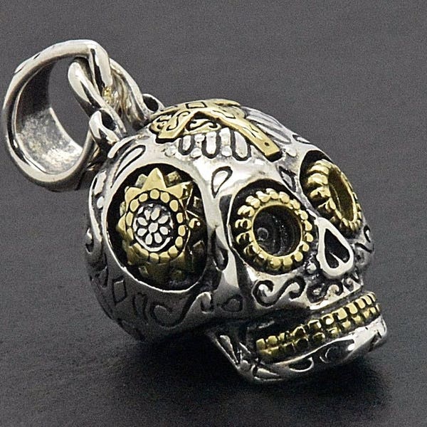 Handmade 925 Sterling Silver Sugar Skull Gold Accents Halloween Steampunk Rocker Gothic Biker Cross Day of the Dead Memento Mori Pendant