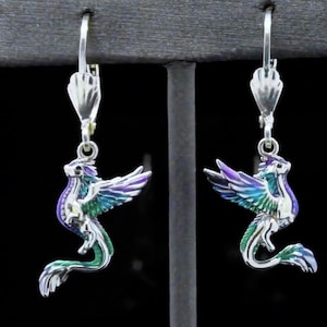 Whimsical Dragon Dangle Earrings | Enamel Fantasy Dragon Earrings | Leverback Silver Statement Earrings For Her | Unique Gothic Gift for Her