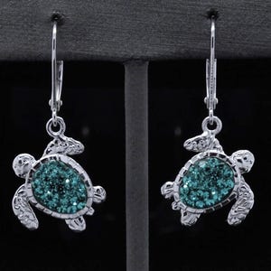 Sterling Silver Sea Turtle Earrings – Blue Crystal Dangle Leverback Coastal Earrings, 925 Summer Beach Gift for Her Sea Life Blue Earrings