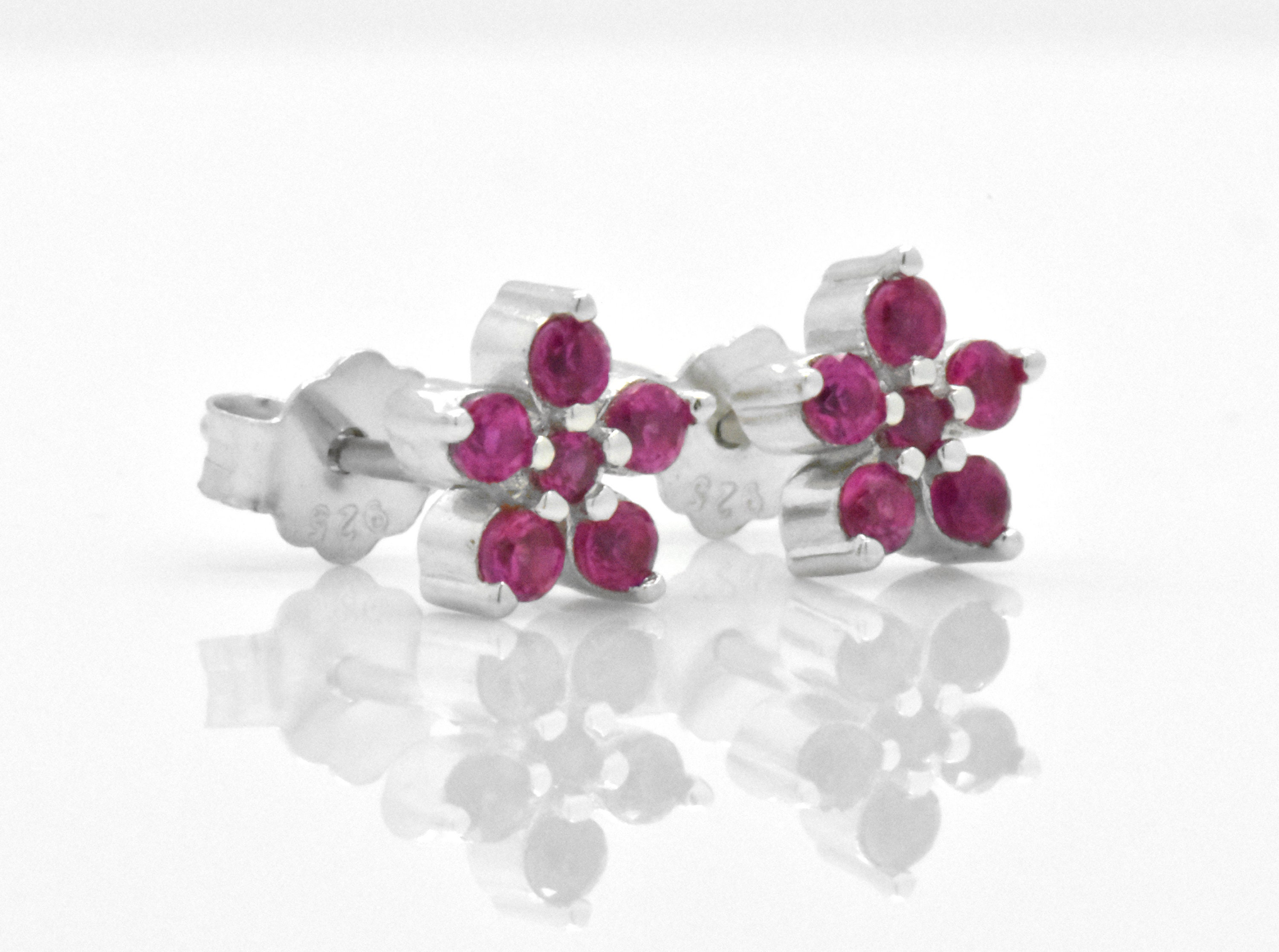 Handmade Red Ruby Flower Stud Earrings | Dainty Clover