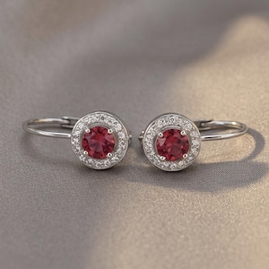 Ruby Halo Huggie Earrings — 925 Sterling Silver Leverback, Red CZ, Dainty, Elegant