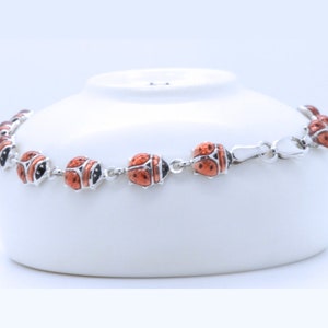 Fine 925 Sterling Silver + 14k White Gold Overlay Dainty Enameled Red Ladybug Light Dainty Gorgeous Statement 7-in Bracelet