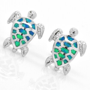 Fine 925 Sterling Silver Cluster inlay Blue Opal Friendship Gift Platinum Overlay Finish Sea Ocean Animal Turtle Stud Earrings