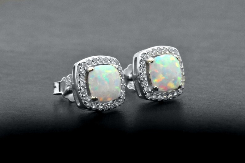 Fine 925 Sterling Silver Halo Art Deco Wedding Bridal Friendship Pageant Vintage Antique Style White Cabochon Opal Stud Earrings