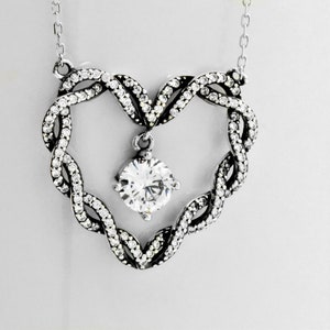 925 Handmade Sterling Silver Round Cut Dangle Simulated Diamond Art Deco Bridal Wedding Promise Eternity Wave Braided Heart Love Necklace