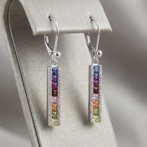 Rainbow Princess cut Bar Dangle Earrings | 925 Sterling Silver Leverback | Sparkly Drop Earrings | Fancy Multicolor Earrings Gift for Her