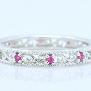 925 Sterling Silver Vintage Antique Style Cut Out Filigree Stackable Dainty Red Ruby July Birthstone Classy Eternity Ring Band