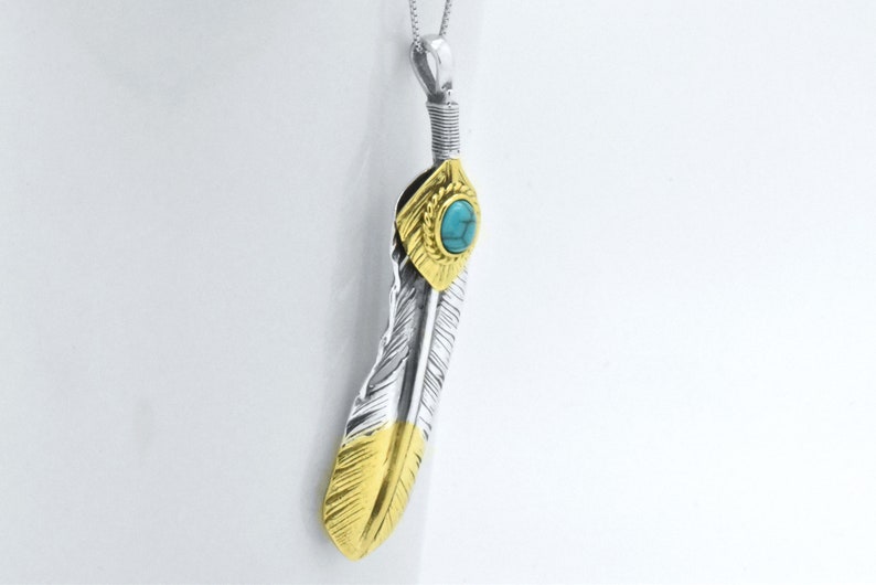 925 Sterling Silver Boho Men Women Unisex style Oxidized Silver Indian Tribal Style American Eagle Feather Blue Turquoise Pendant Necklace