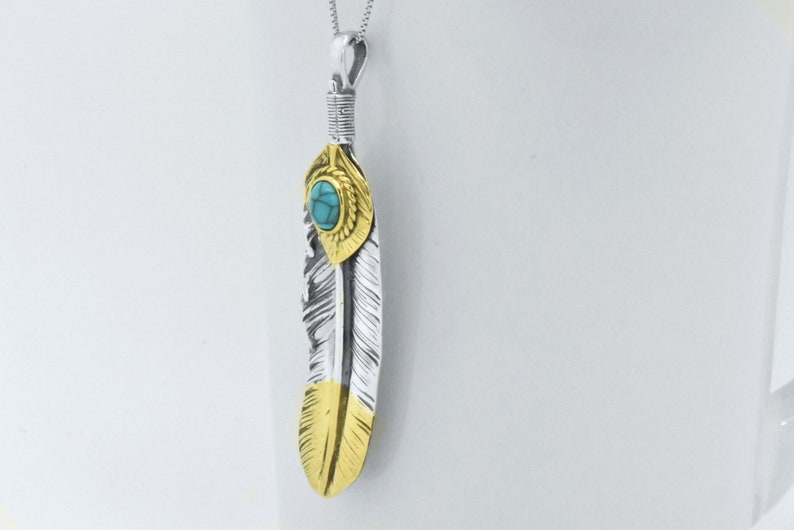925 Sterling Silver Boho Men Women Unisex style Oxidized Silver Indian Tribal Style American Eagle Feather Blue Turquoise Pendant Necklace