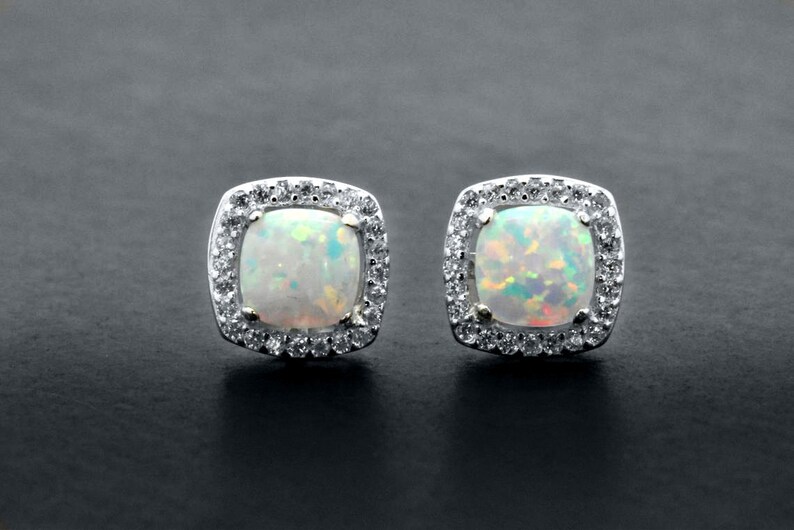 Fine 925 Sterling Silver Halo Art Deco Wedding Bridal Friendship Pageant Vintage Antique Style White Cabochon Opal Stud Earrings