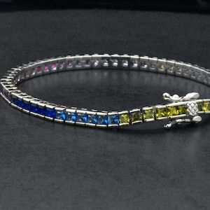 Handmade 14k White Gold Over 925 Sterling Silver Rainbow MultiColor Princess Square Cut Bezel Set Simulated Sapphire 7-inch Tennis Bracelet