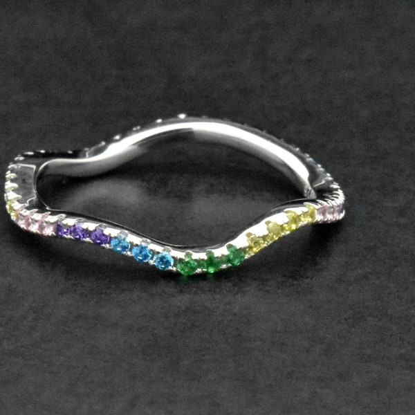 Fine 925 Sterling Silver Stackable Rainbow MultiColor Pave Set Round Cut Sim Sapphire Gemstone Wave Curved Design Eternity Ring Band