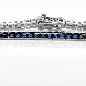 Handmade 925 Sterling Silver + 14k White Gold Overlay Bezel 3mm Princess Cut Sim Blue Sapphire Box Slide Clasp Custom Length Tennis Bracelet