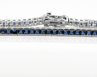 Handmade 925 Sterling Silver + 14k White Gold Overlay Bezel 3mm Princess Cut Sim Blue Sapphire Box Slide Clasp Custom Length Tennis Bracelet