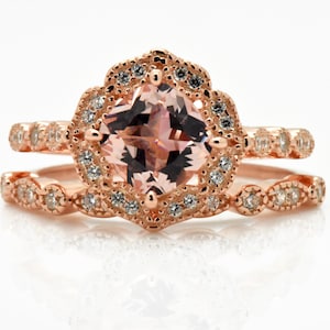 925 Sterling Silver Cushion Cut Pink Rose Gold Simulated Diamond Sim Morganite Halo Engagement Wedding Art Deco Vintage Bridal Band Ring Set