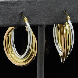 925 Sterling Silver + 14k Gold Overlay Tricolor Three Tone Gold Hoop Earrings | Leverback Twisted 1-in Long Layered Twist Hoop Earrings