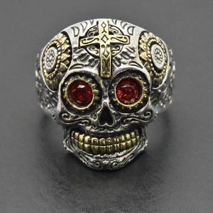 925 Sterling Silver Round Red Ruby 14k Yellow Gold Vermeil Gothic Biker memento-Mori Day of the Dead Mexican Sugar Skull HandMade Ring