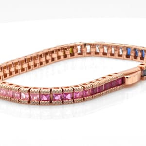 Handmade 14k Pink Rose Gold over Sterling Silver Rainbow MultiColor Princes Cut Bezel Set Sim Sapphire Diamond Tennis Bracelet 7.25 in Long