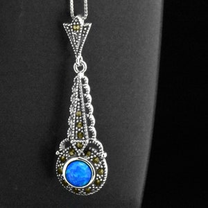 925 Sterling Silver Fine Vintage Antique Style Oxidized Bridal Blue Lab Opal Pear Round Cut Cabochon Halo Marcasite Pendant Necklace