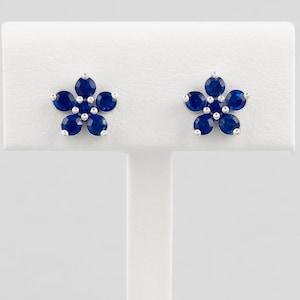 Minimalist Blue Sapphire CZ Flower Stud Earrings | Dainty Sterling Silver Clover Earrings | Small Push Back Studs for Women Gift Earrings