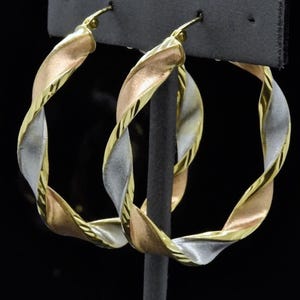 925 Sterling Silver + 14k Gold Overlay Tricolor Three Tone Gold Hoop Earrings | Leverback Twisted 1-1/2-in Long Twist Satin Finish Earrings