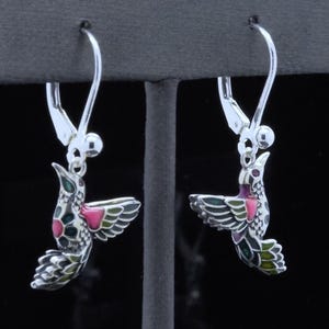 925 Sterling Silver Hummingbird Earrings – Colorful Enamel 3D Bird Dangle Leverback Earrings – Handmade Earrings Gift for Bird Lovers