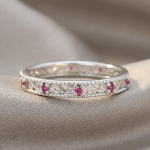 925 sterlingzilveren filigraan robijnring • Vintage stapelbare band, ambachtelijk, eeuwigheid, rood, sierlijk, antiek