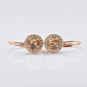 925 Sterling Silver Rose Gold Morganite Halo Earrings | Dainty Leverback Earrings | Halo Huggies | Handmade Wedding Earrings Gift for Her