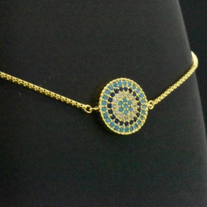 14k Yellow Gold Overlay 925 Sterling Silver Evil Eye Hamsa Hands Round Blue Sim Sapphire Sim Diamond Turquoise Adjustable String Bracelet