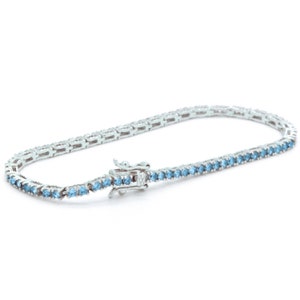 925 Sterling Silver Prong Set Brilliant Round Sim Blue Aquamarine Tennis Handmade Dainty March Anniversary Birthday Bracelet 7.25 -inch Long
