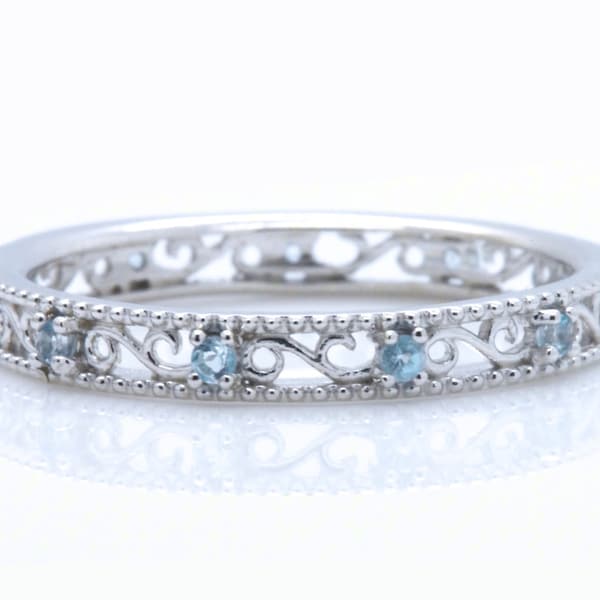 925 Sterling Silver Vintage Antique Style Cut Out Filigree Stackable Dainty Natural Aquamarine Eternity Ring Band