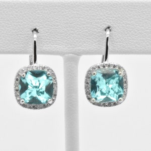 Aquamarine CZ Halo Dangle Earrings | Cushion Cut Leverback Drop Earrings | Sterling Silver Wedding Earrings | Special Handmade Gift for Her