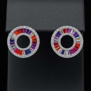 925 Sterling Silver Rainbow Baguette CZ Round Stud Earrings | Bold Colorful Sparkly Earrings Multicolor Jewelry Gift for Her